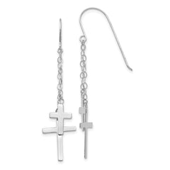 14K White Gold Chain Dangle Cross Shepherd Hook Earrings