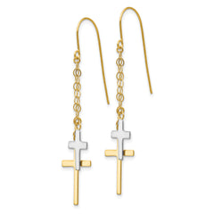 14K Two-Tone Gold Cross Dangle Earrings with Polished Finish
