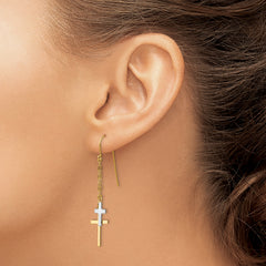 14K Two-Tone Gold Cross Dangle Earrings with Polished Finish