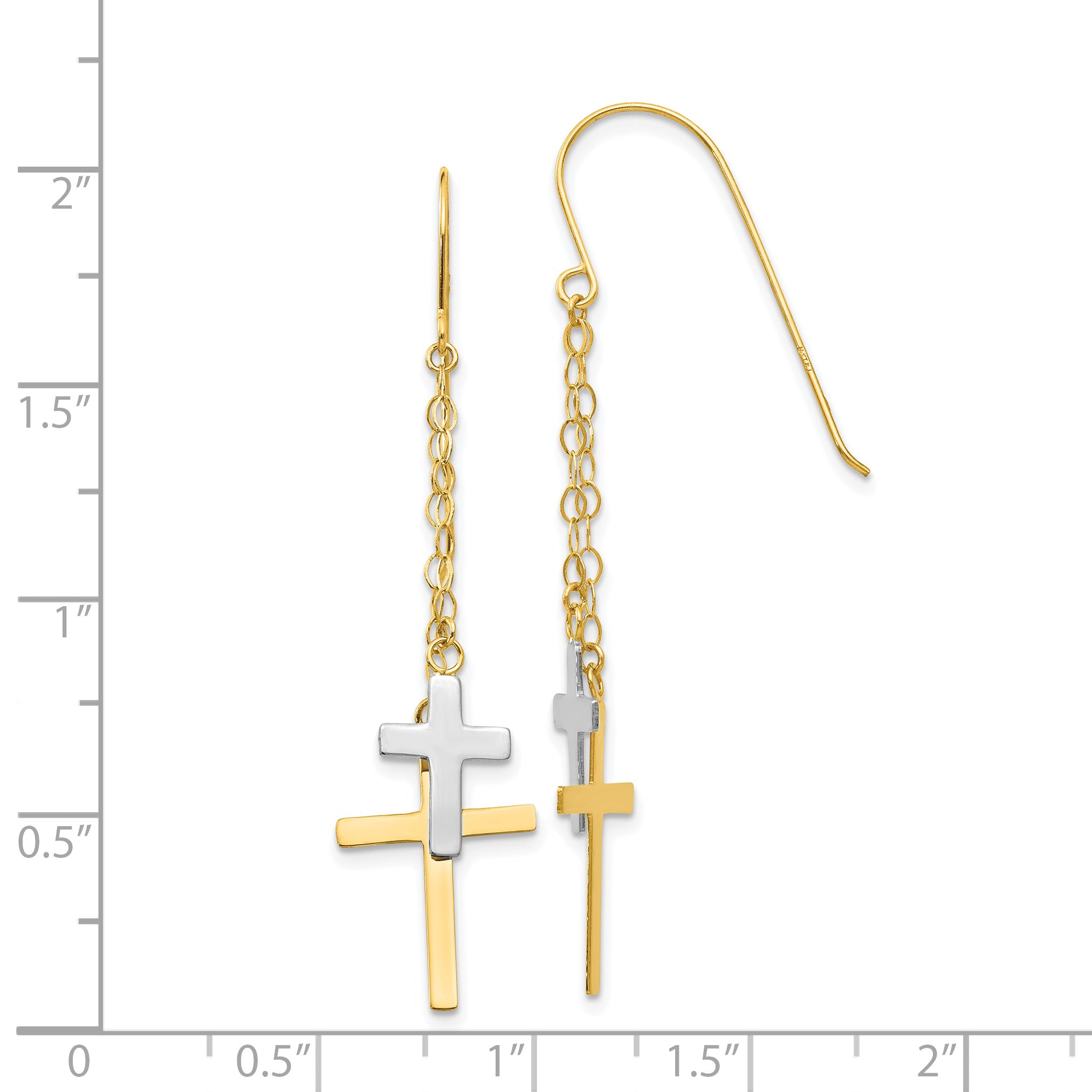 14K Two-Tone Gold Cross Dangle Earrings with Polished Finish