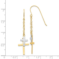 14K Two-Tone Gold Cross Dangle Earrings with Polished Finish