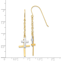 14K Two-tone Chain Dangle Cross Shepherd Hook Earrings
