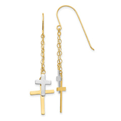 14K Two-tone Chain Dangle Cross Shepherd Hook Earrings
