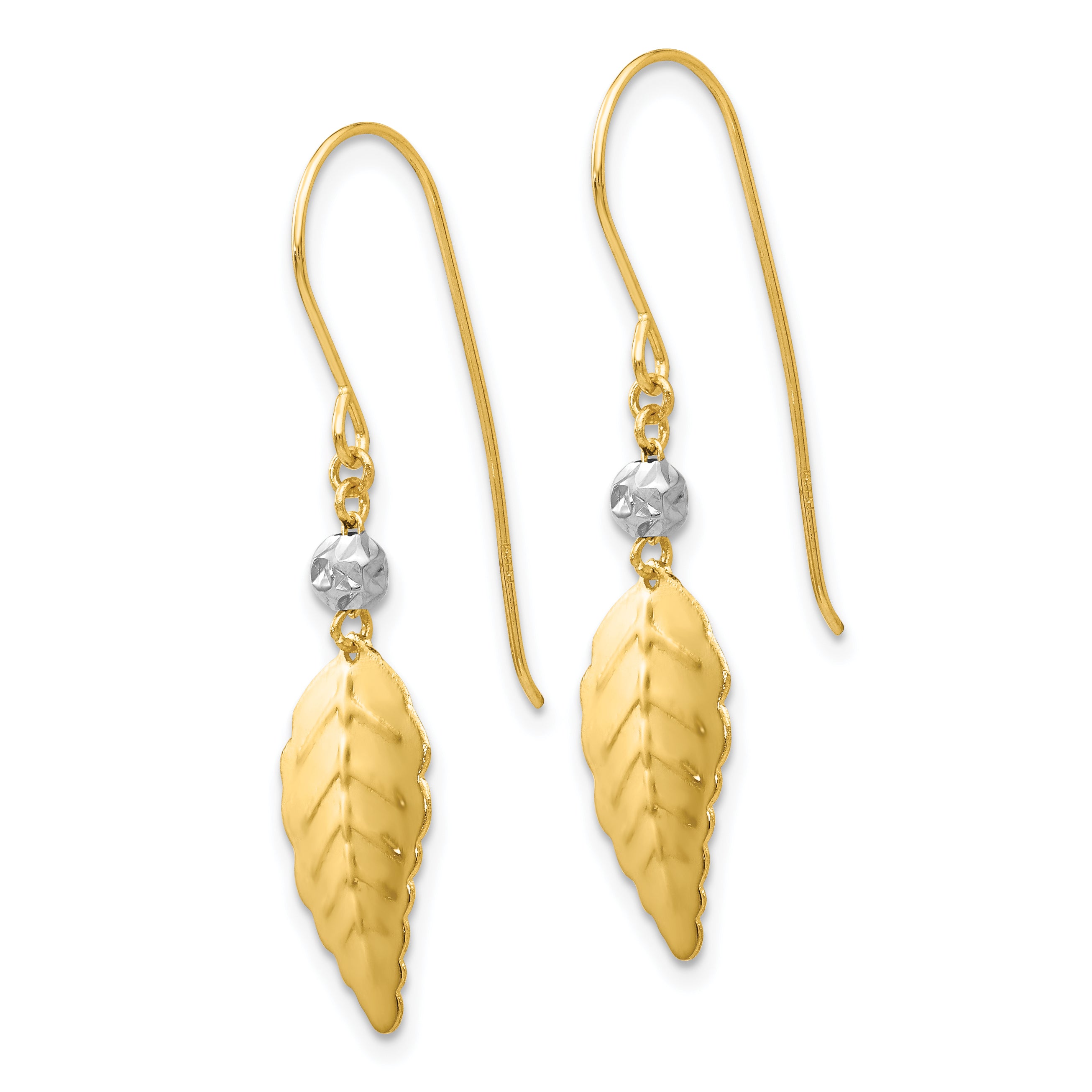 14K Two-Tone Gold Shepherd Hook Leaf Earrings  Polished, Elegant Design