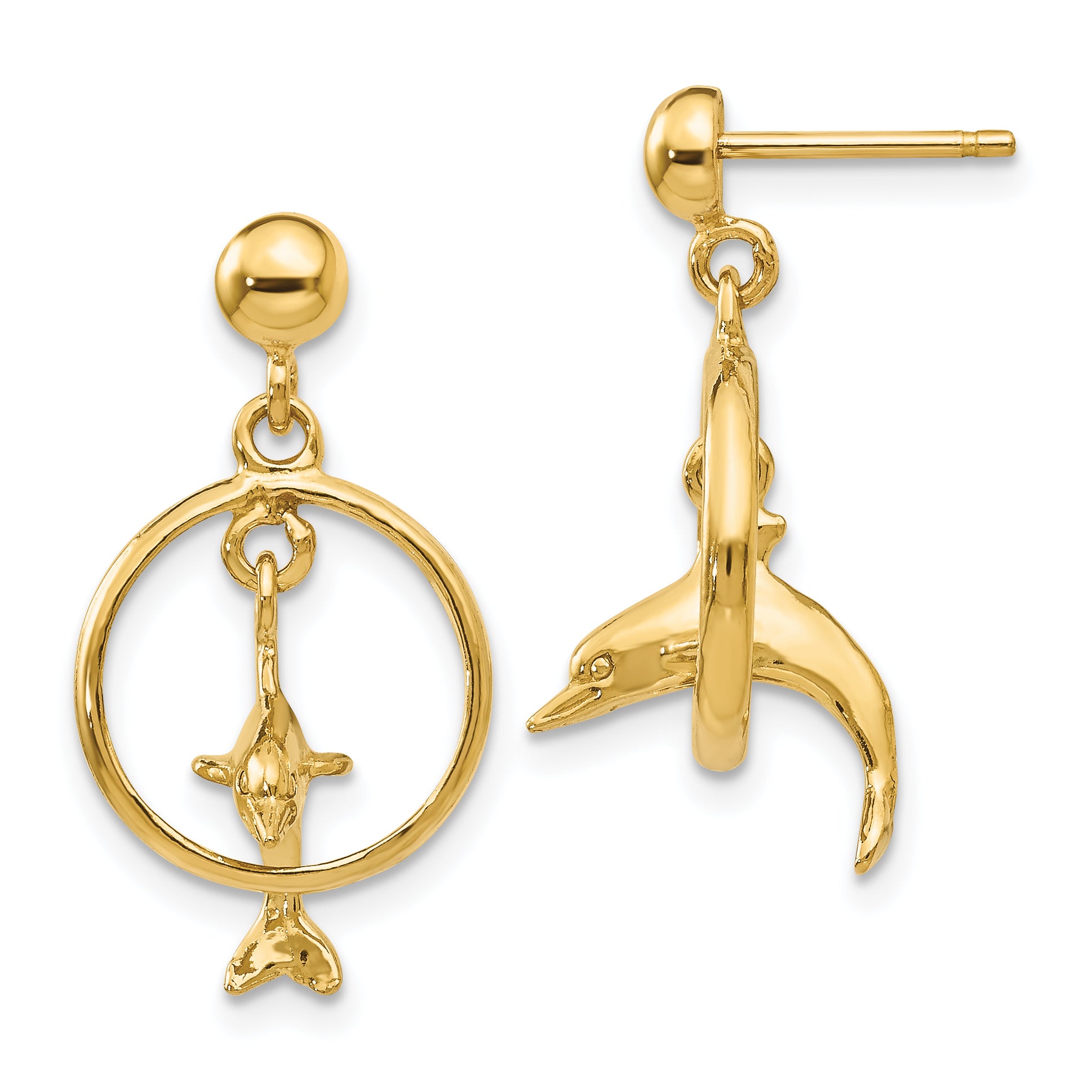 14K Polished 3-D Dolphin Jumping Through Hoop Dangle Earrings Main image