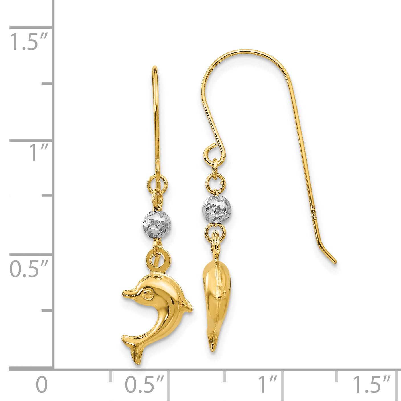 14K Two Toned Puffed Dolphin Shepherd Hook Earrings