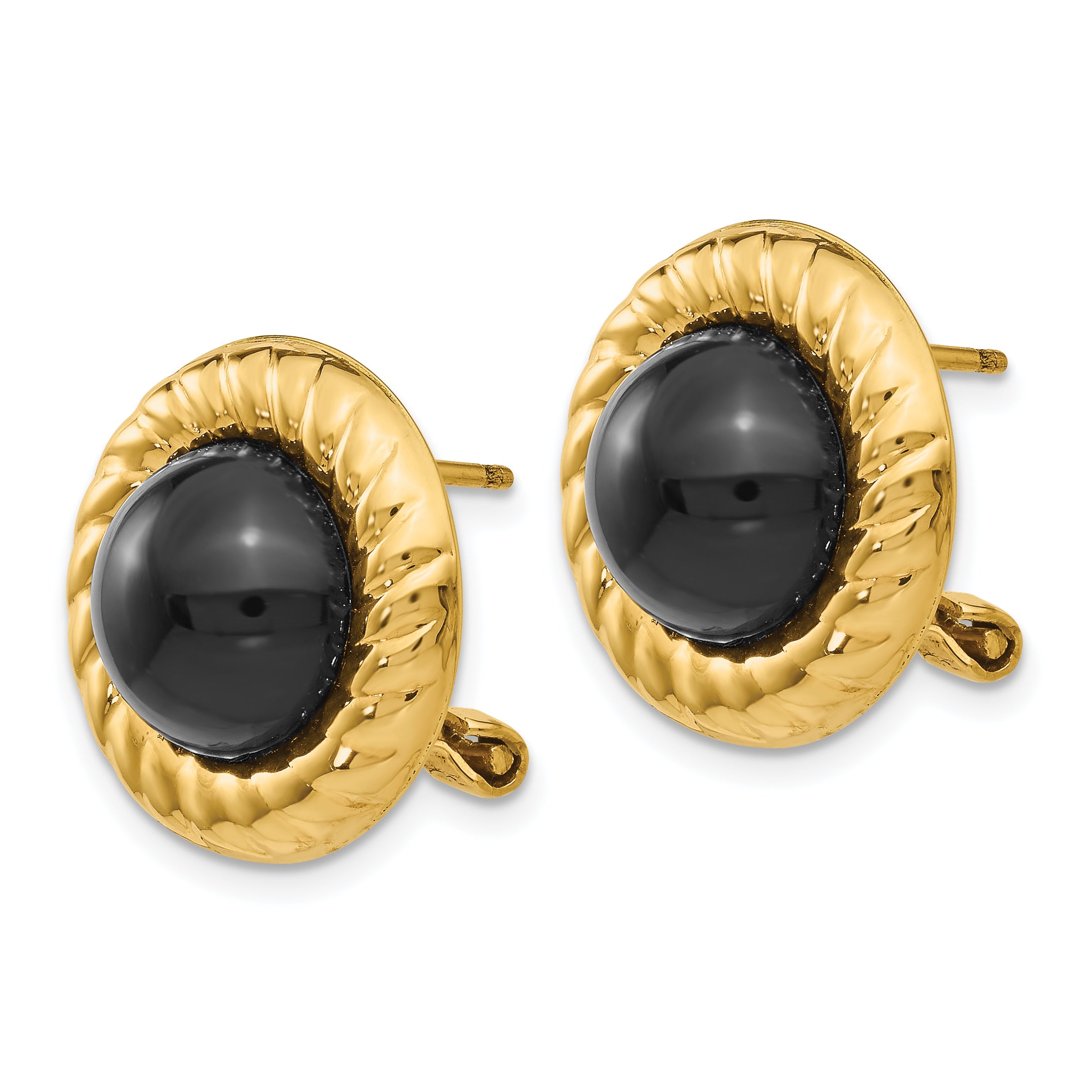 14K Gold Onyx Button Earrings with Polished Finish and Omega Clip