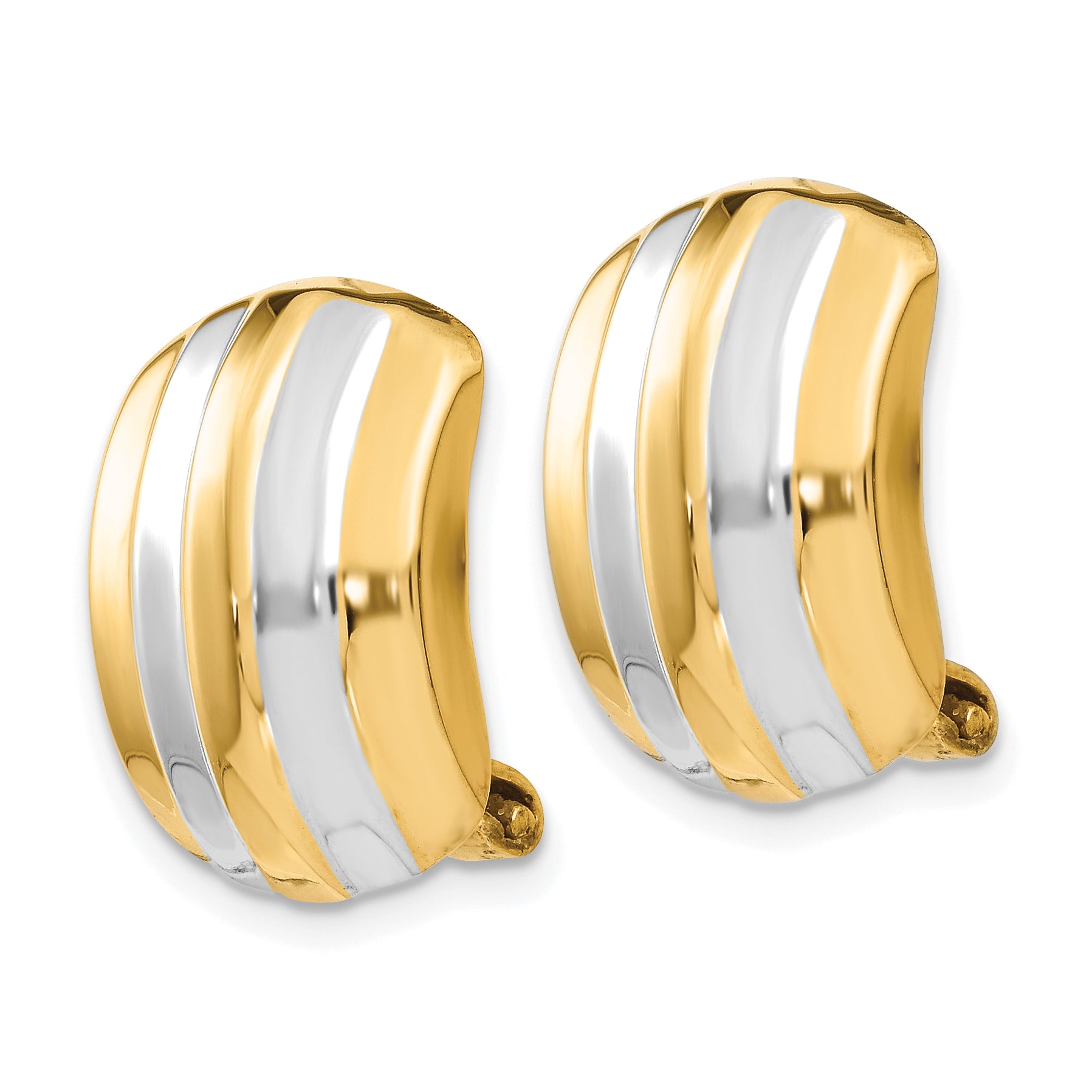 14K Gold & Rhodium Ribbed Non-Pierced Omega Back Earrings Polished Finish Secondary image