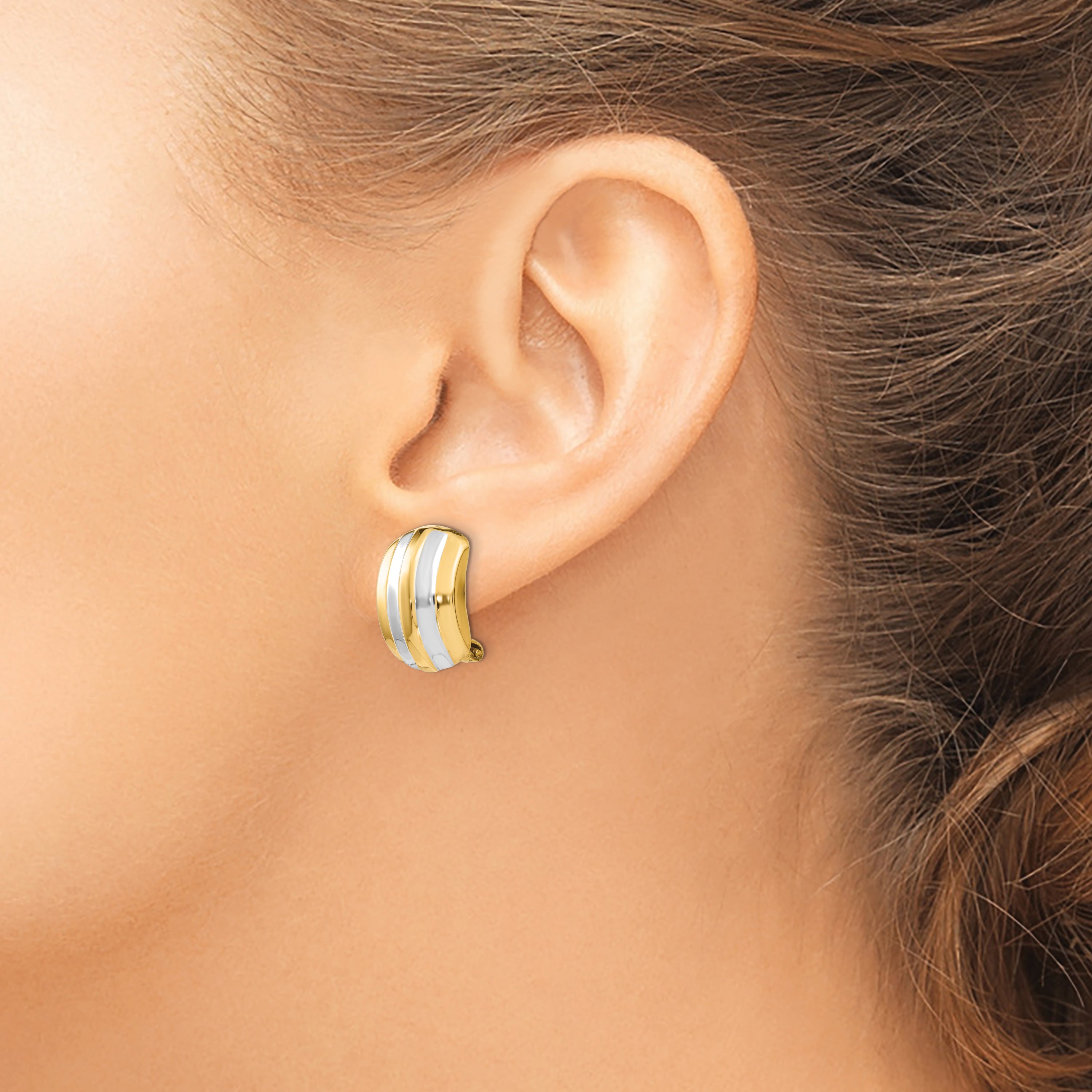 14K Gold & Rhodium Ribbed Non-Pierced Omega Back Earrings Polished Finish