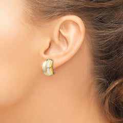 14K Gold & Rhodium Ribbed Non-Pierced Omega Back Earrings Polished Finish