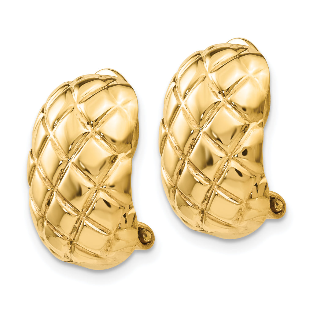 14K Gold Quilted Omega Back Non-Pierced Button Earrings Polished Durable Design