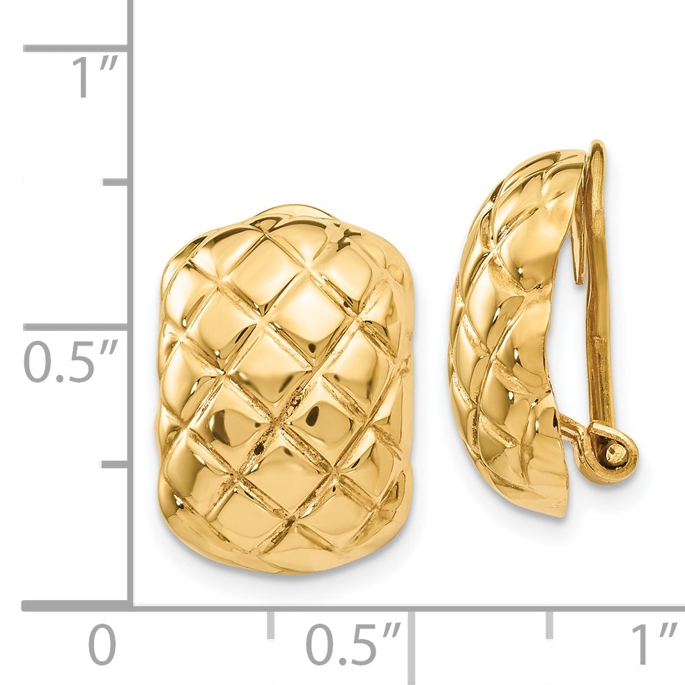 14K Gold Quilted Omega Back Non-Pierced Button Earrings Polished Durable Design