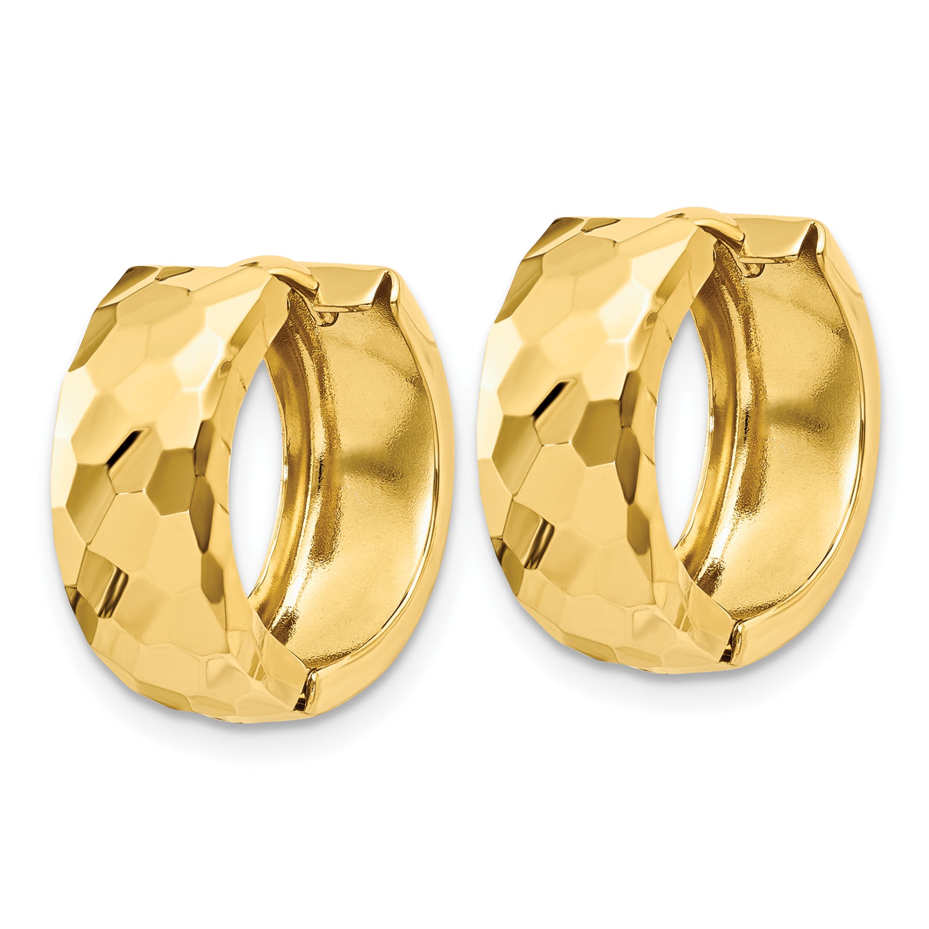 14K Gold Polished Hinged Hoop Earrings with Faceted Design, 6mm Huggie Style