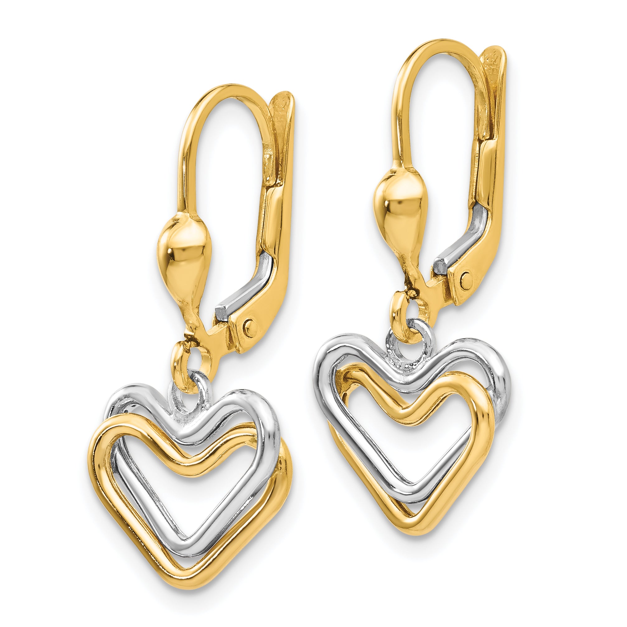 14k Two-tone Heart Leverback Dangle Earrings