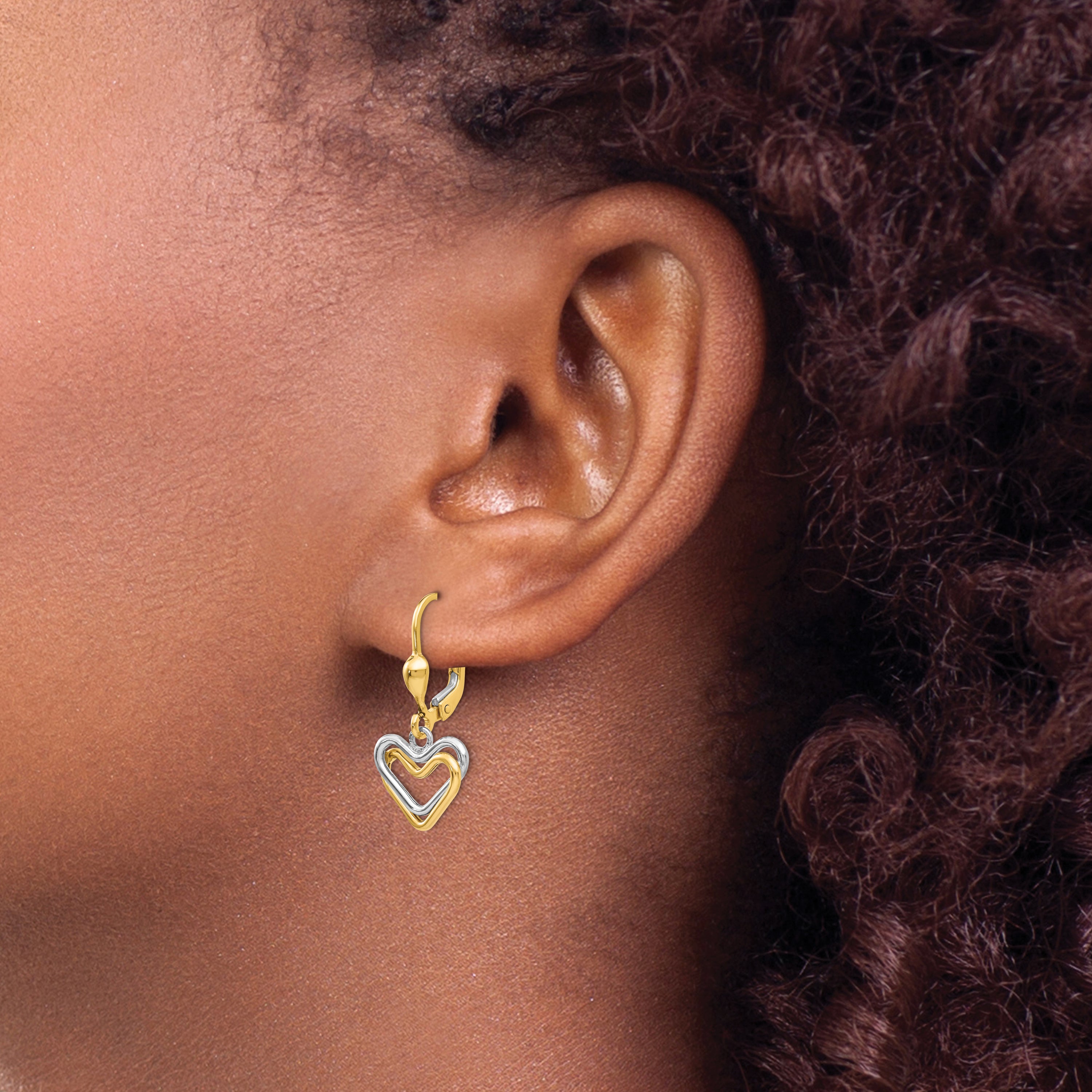 14K Two-Tone Gold Heart Dangle Earrings with Polished Leverback Design