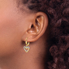 14K Two-Tone Gold Heart Dangle Earrings with Polished Leverback Design