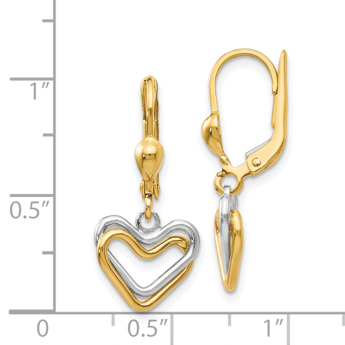 14K Two-Tone Gold Heart Dangle Earrings with Polished Leverback Design