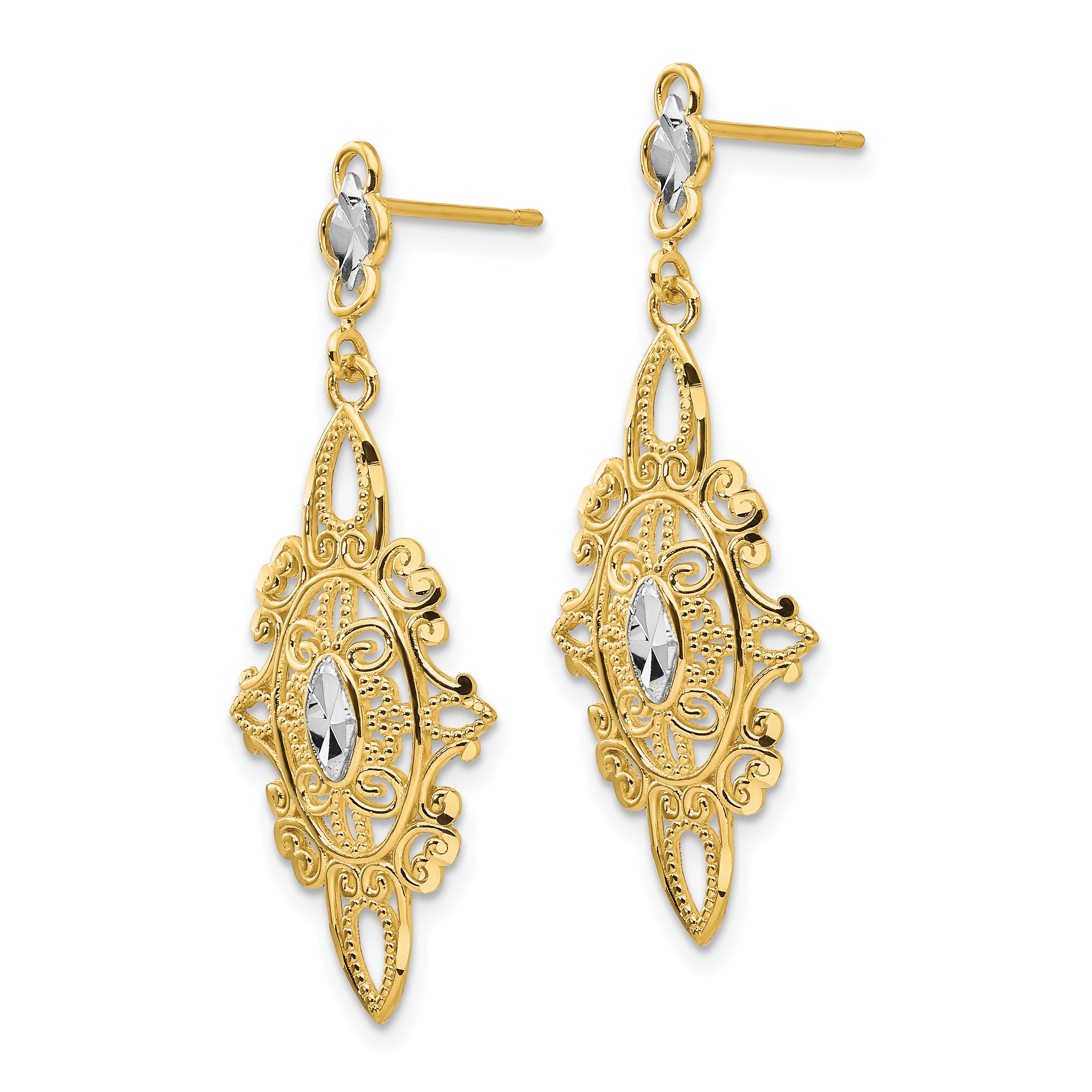 14K Gold Rhodium Diamond-Cut Filigree Drop Earrings for Women