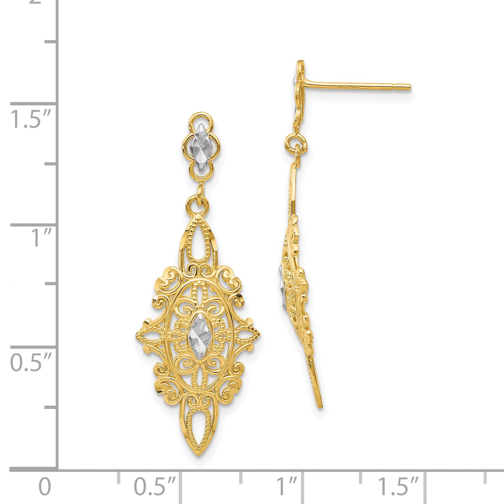 14K Gold Rhodium Diamond-Cut Filigree Drop Earrings for Women