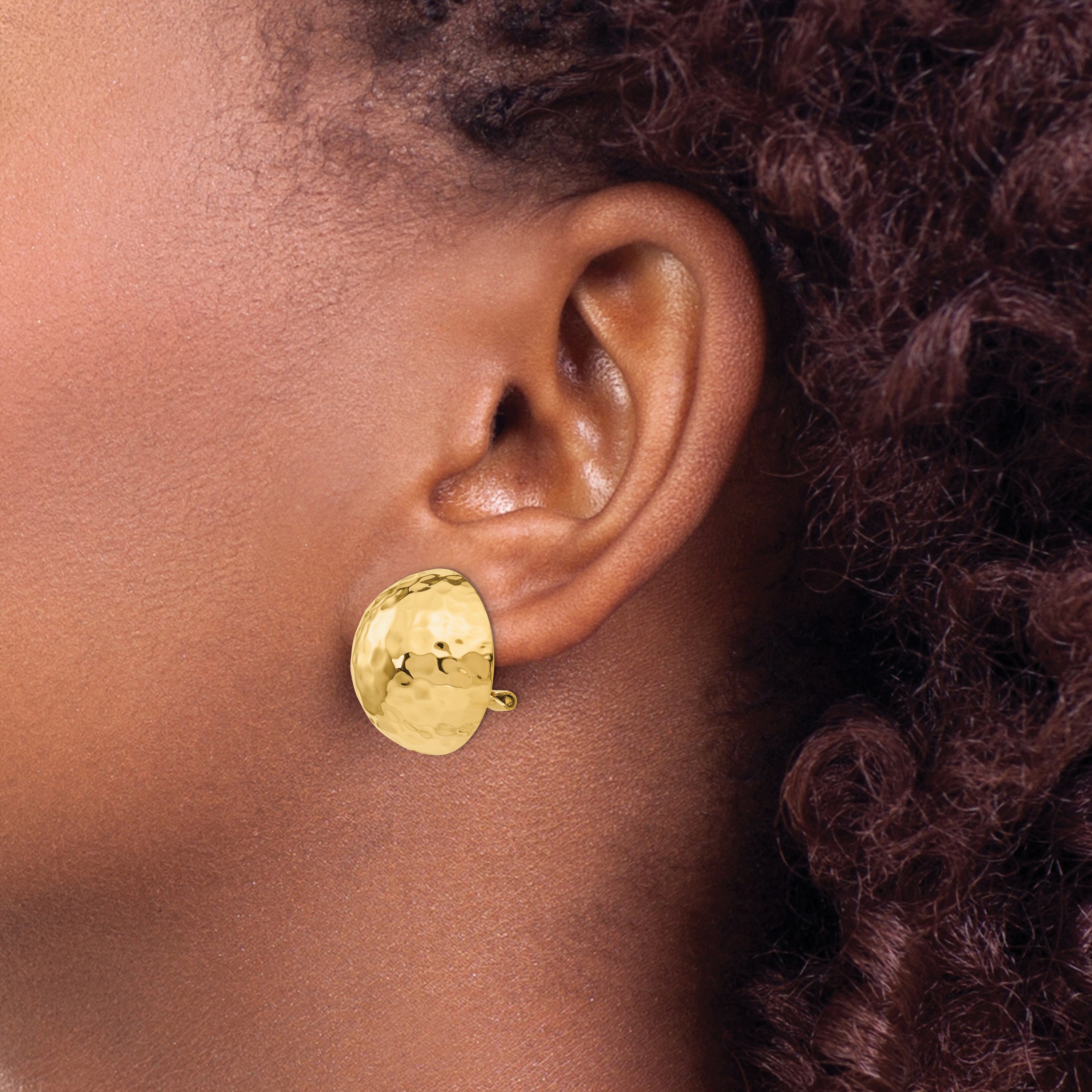 14K Gold Hammered Button Clip-On Earrings for Women Polished Finish