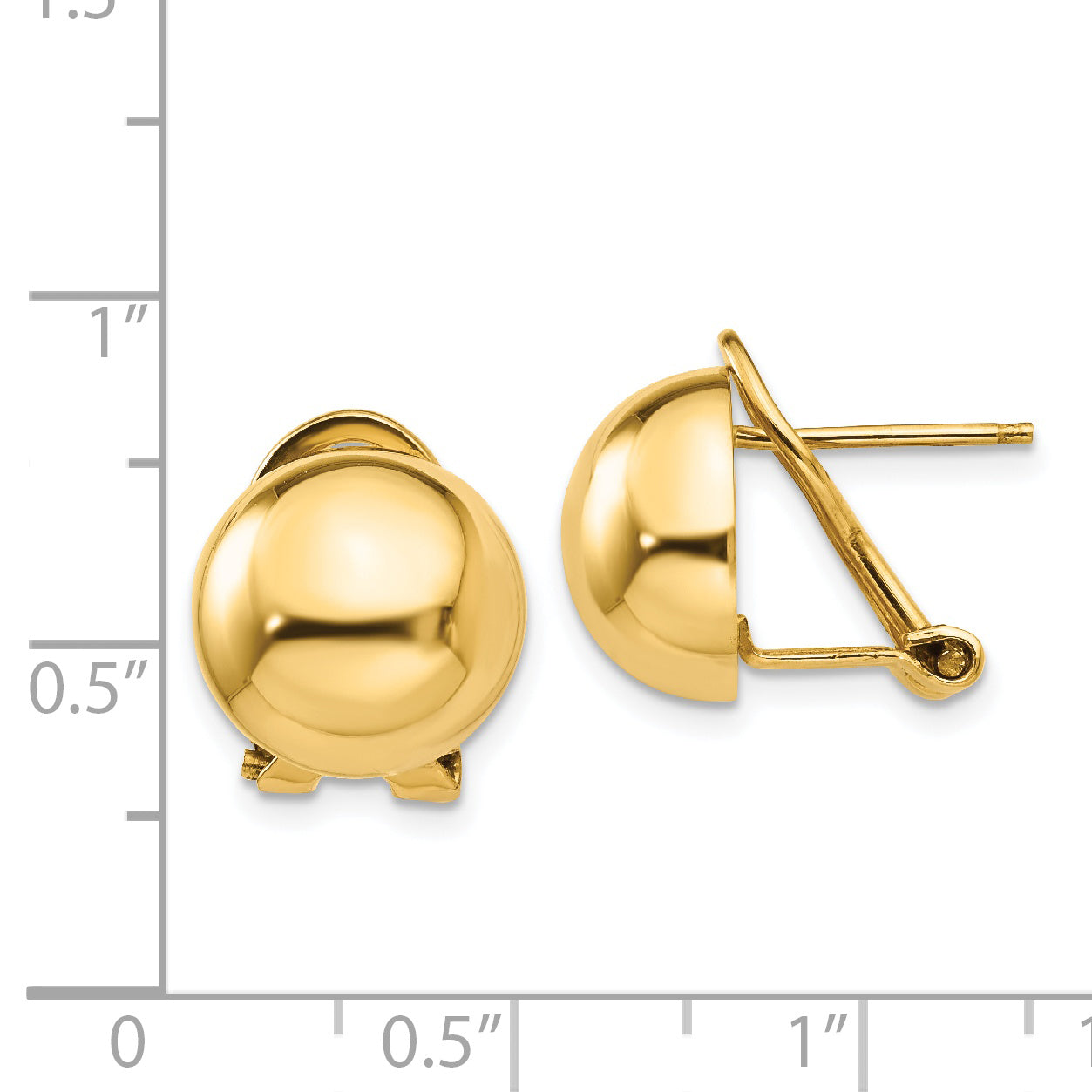 14K Gold Polished Omega Clip 12mm Half Ball Earrings for Women