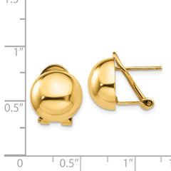14K Gold Polished Omega Clip 12mm Half Ball Earrings for Women