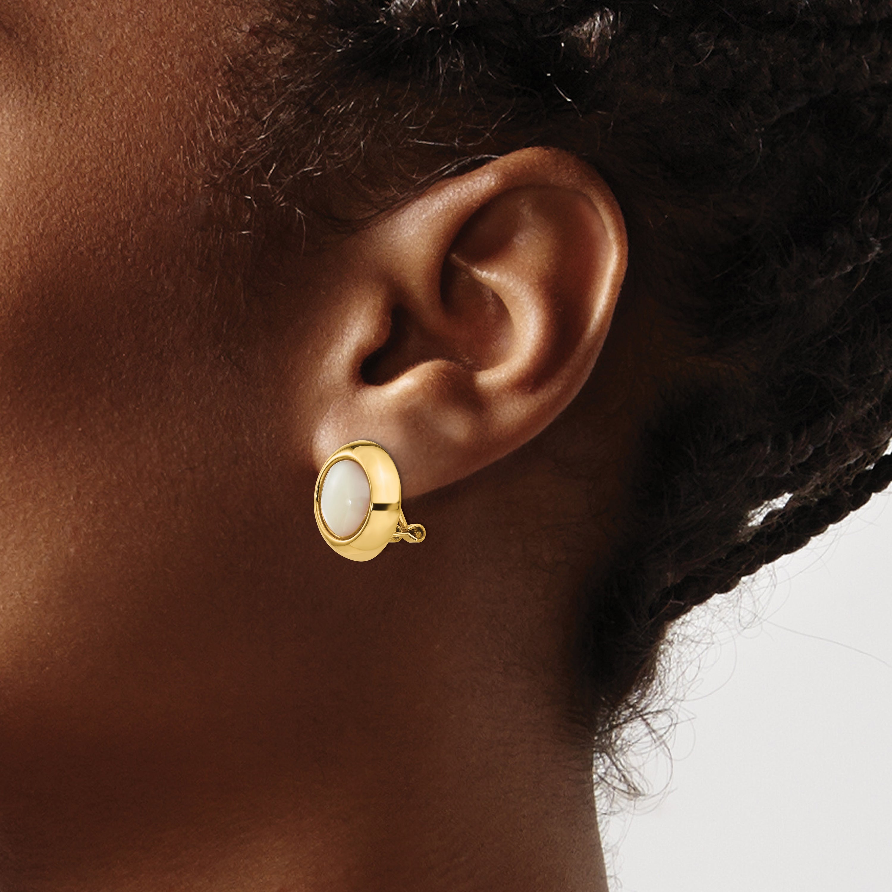 14K Gold Mother of Pearl Clip-On Button Earrings for Women Polished Finish