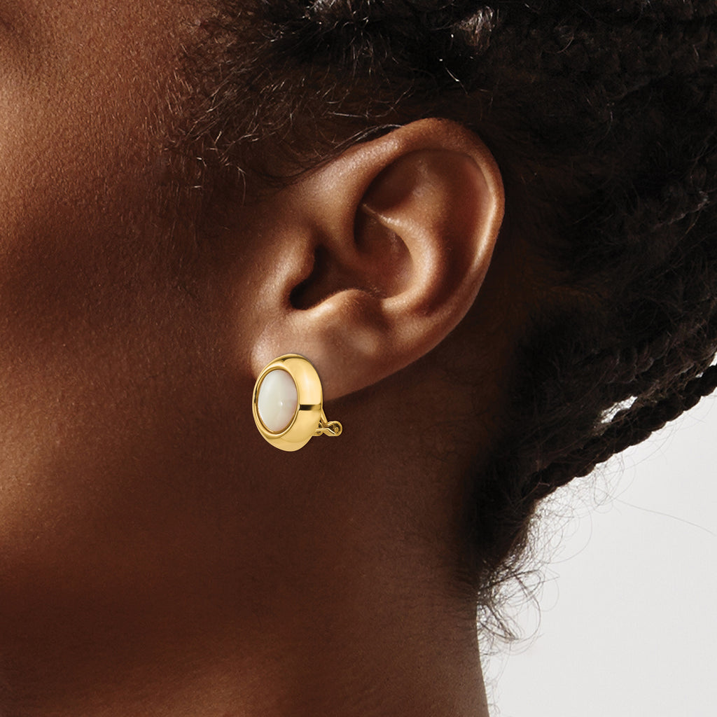14K Gold Mother of Pearl Clip-On Button Earrings for Women Polished Finish