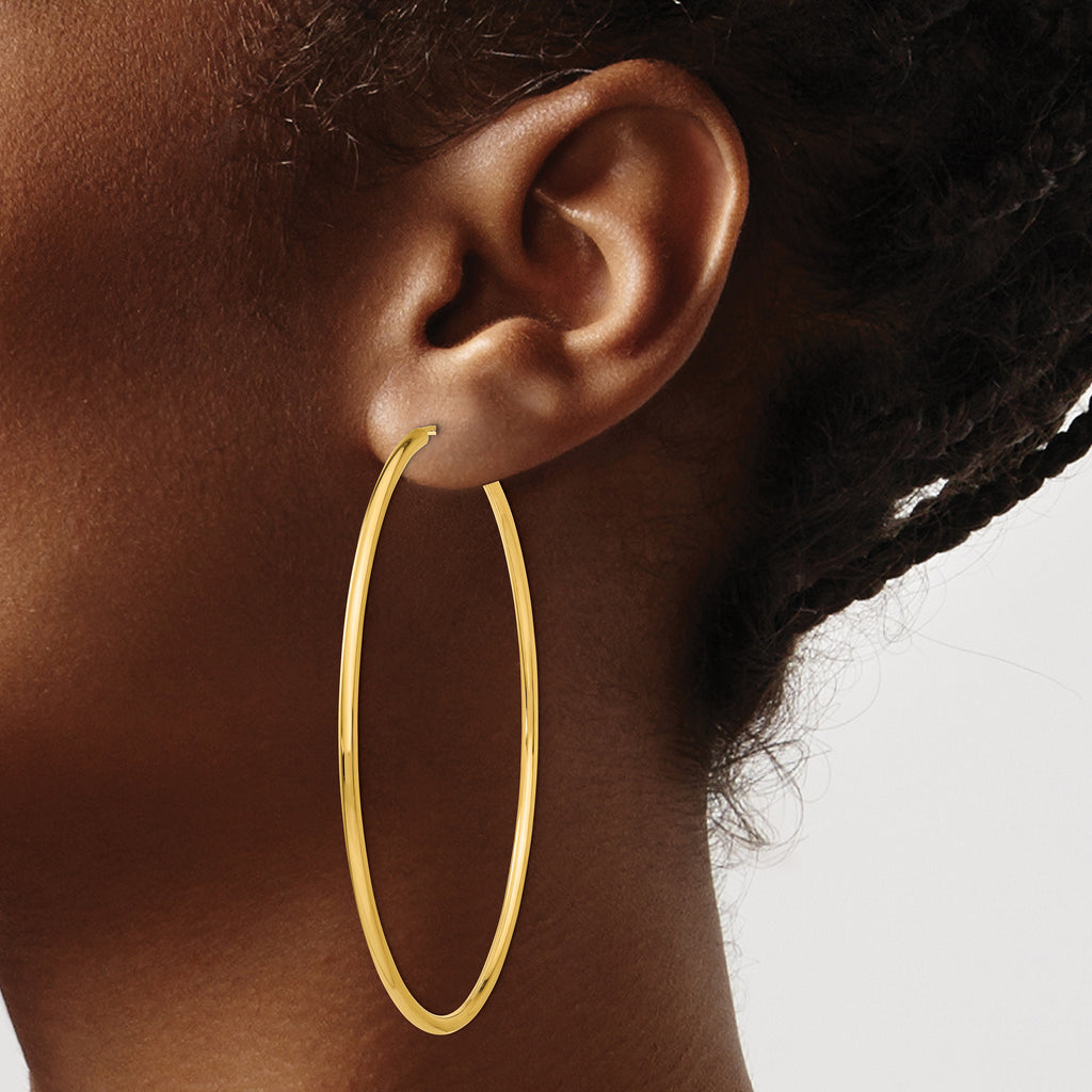 14K Gold Polished Endless 2mm Hoop Earrings for Women 65mm