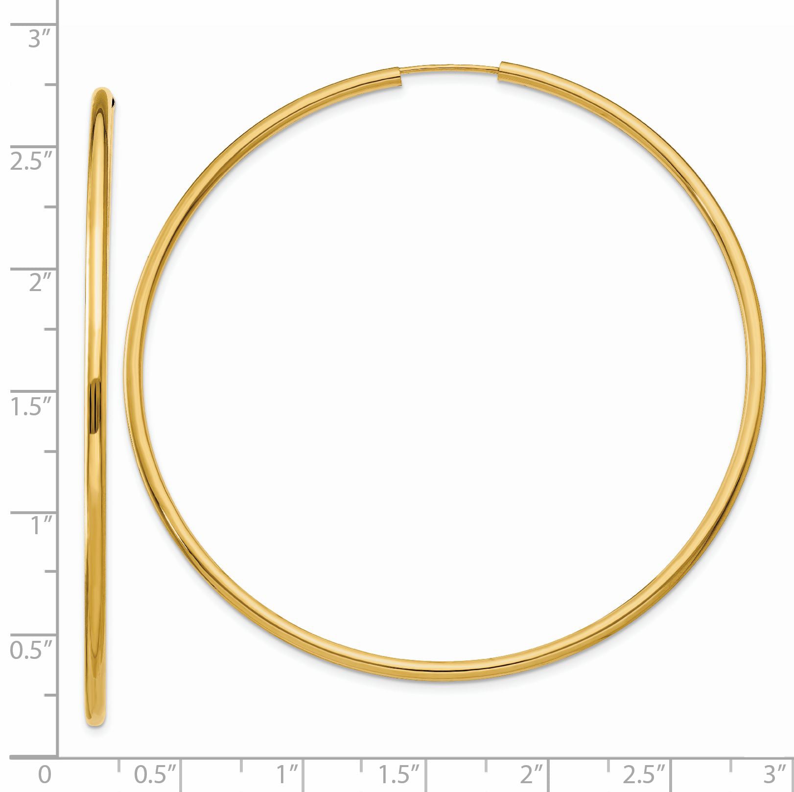 14K Gold Polished Endless 2mm Hoop Earrings for Women 65mm