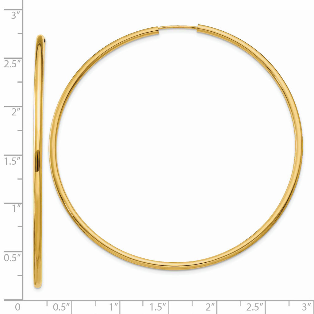 14K Gold Polished Endless 2mm Hoop Earrings for Women 65mm