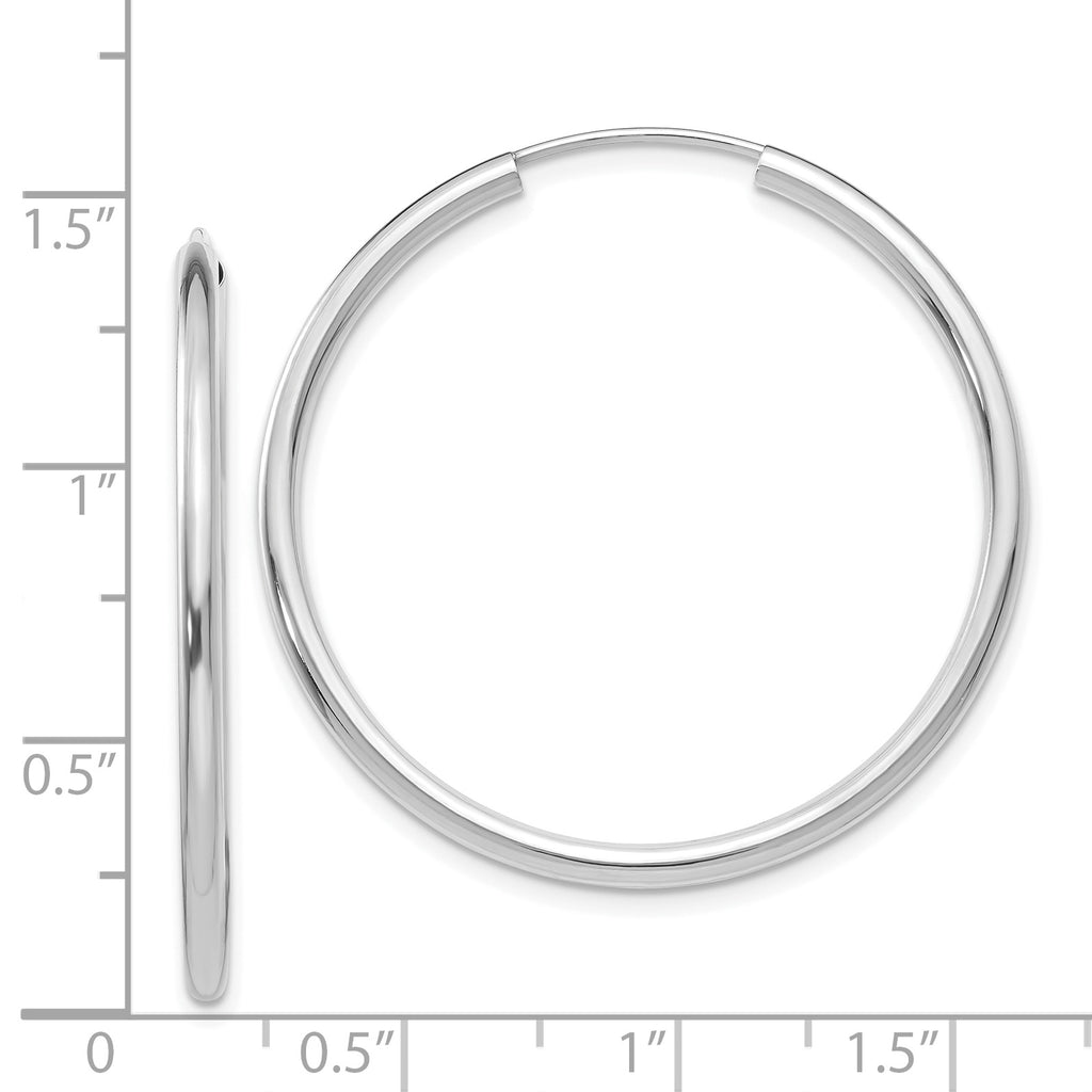 14K White Gold Polished Endless Hoop Earrings 2mm Rhodium Plated 35mm