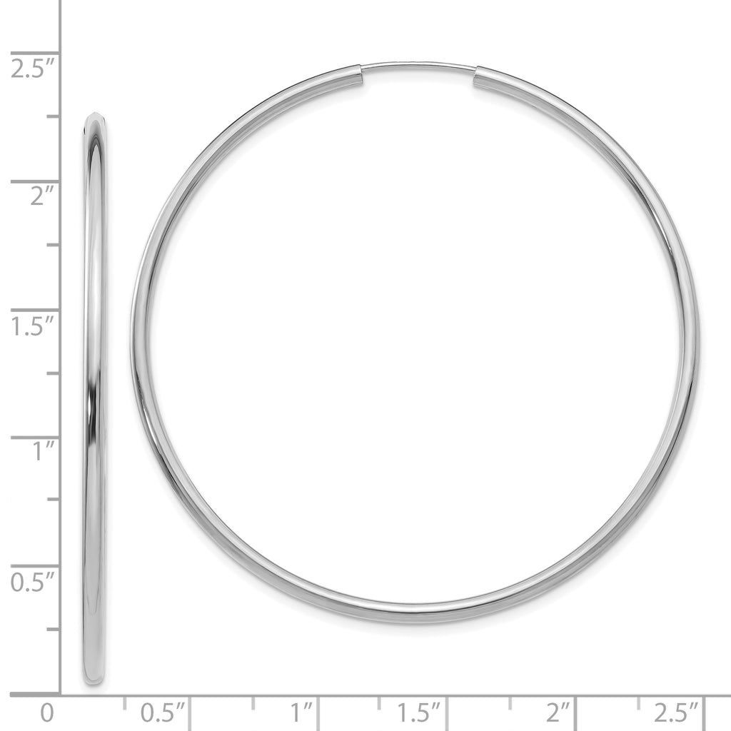 14K White Gold Polished Endless Hoop Earrings 2mm Elegant Rhodium Finish