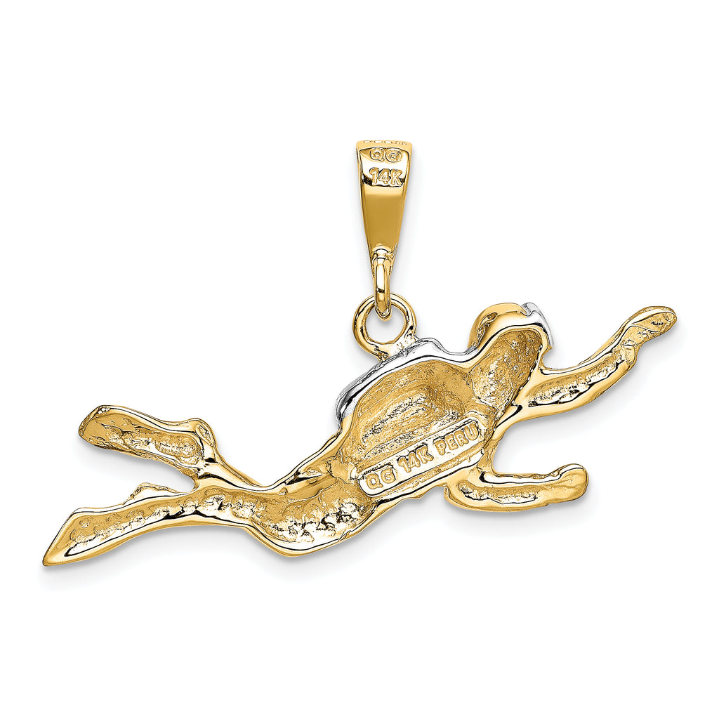 14K Gold Scuba Diver Pendant with Rhodium Accents  Polished & Open-Back Design