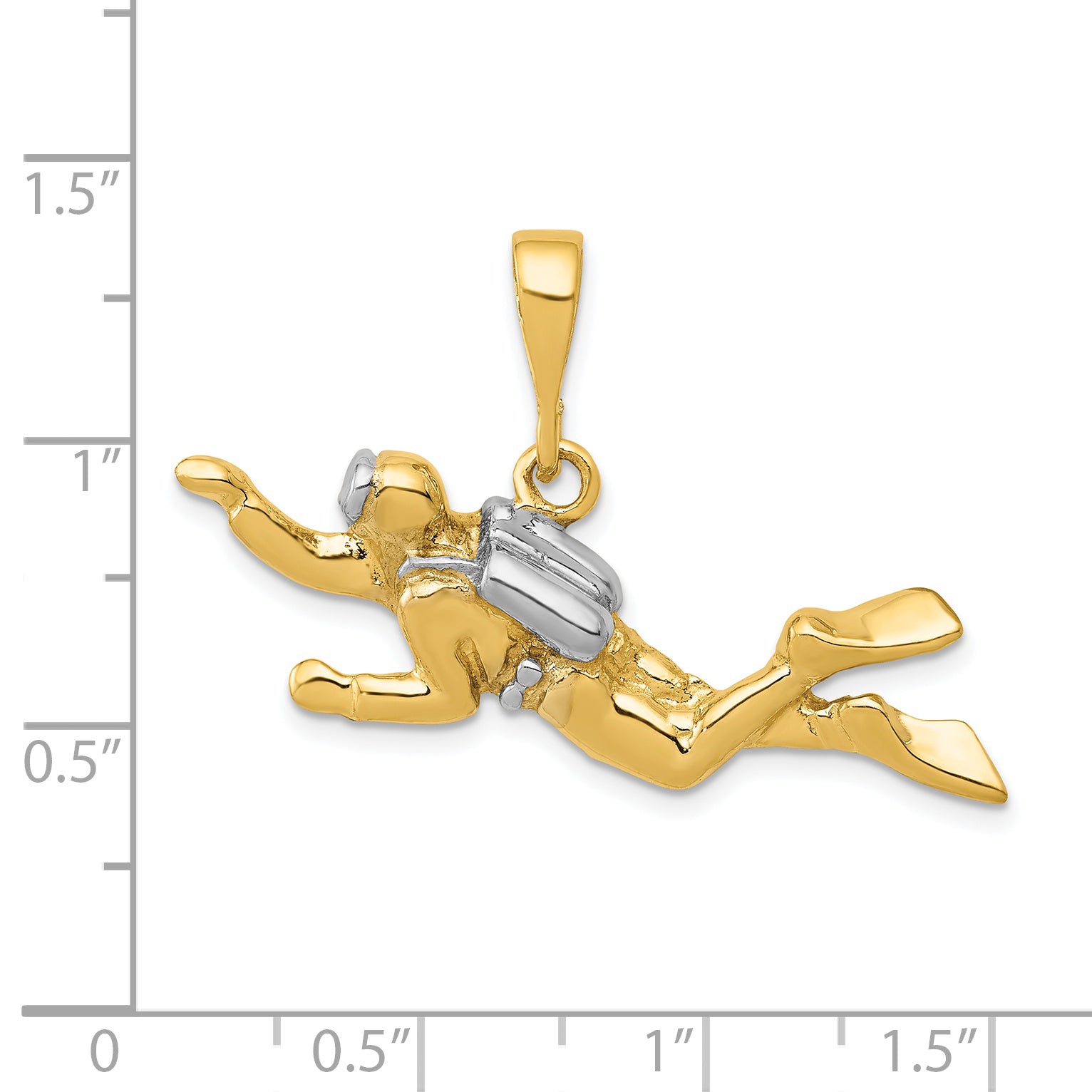 14K Gold Scuba Diver Pendant with Rhodium Accents  Polished & Open-Back Design