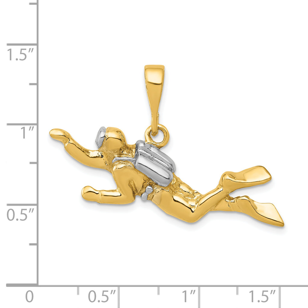 14K Gold Scuba Diver Pendant with Rhodium Accents  Polished & Open-Back Design