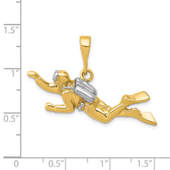 14K Gold Scuba Diver Pendant with Rhodium Accents  Polished & Open-Back Design