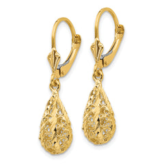 14K Gold Polished Diamond-Cut Filigree Dangle Earrings with Leverback