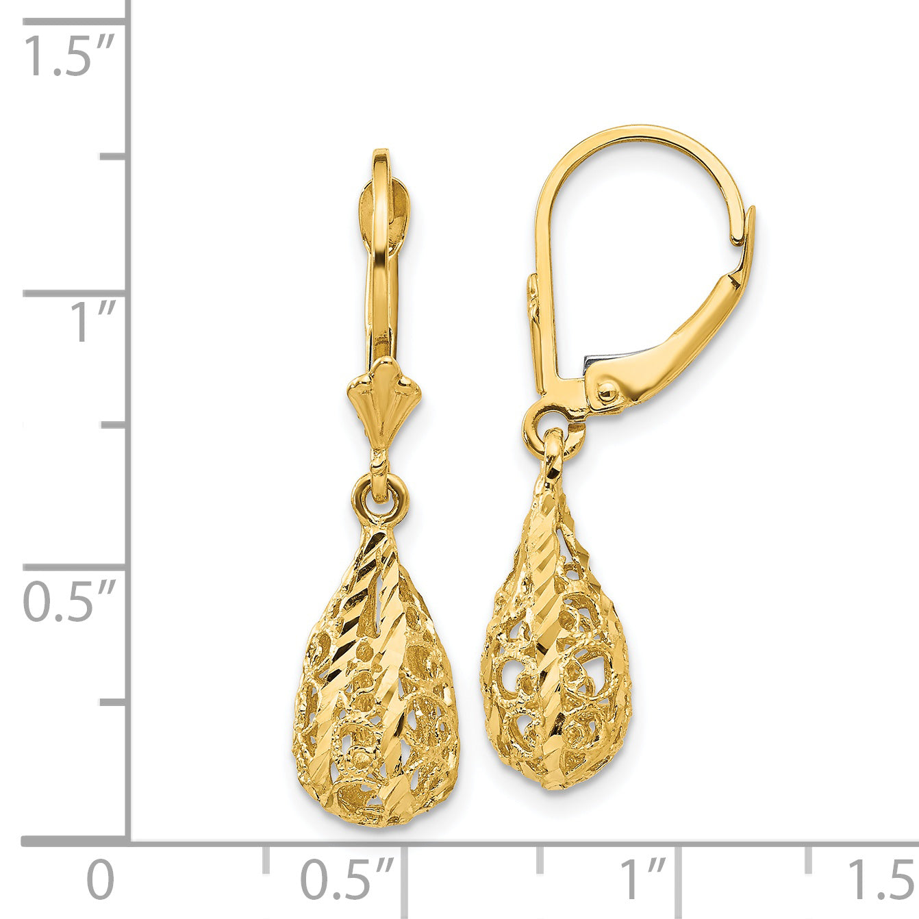 14K Gold Polished Diamond-Cut Filigree Dangle Earrings with Leverback
