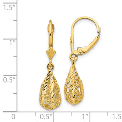 14K Gold Polished Diamond-Cut Filigree Dangle Earrings with Leverback
