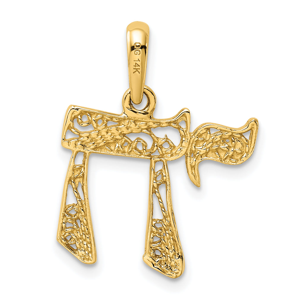 14K Gold Filigree Chai Pendant with Polished Finish Elegant & Solid Design