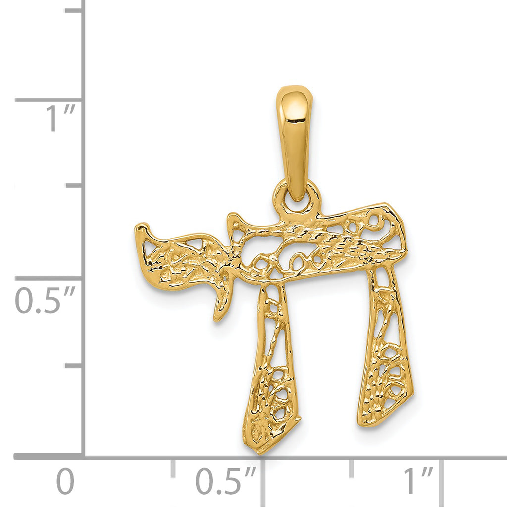 14K Gold Filigree Chai Pendant with Polished Finish Elegant & Solid Design