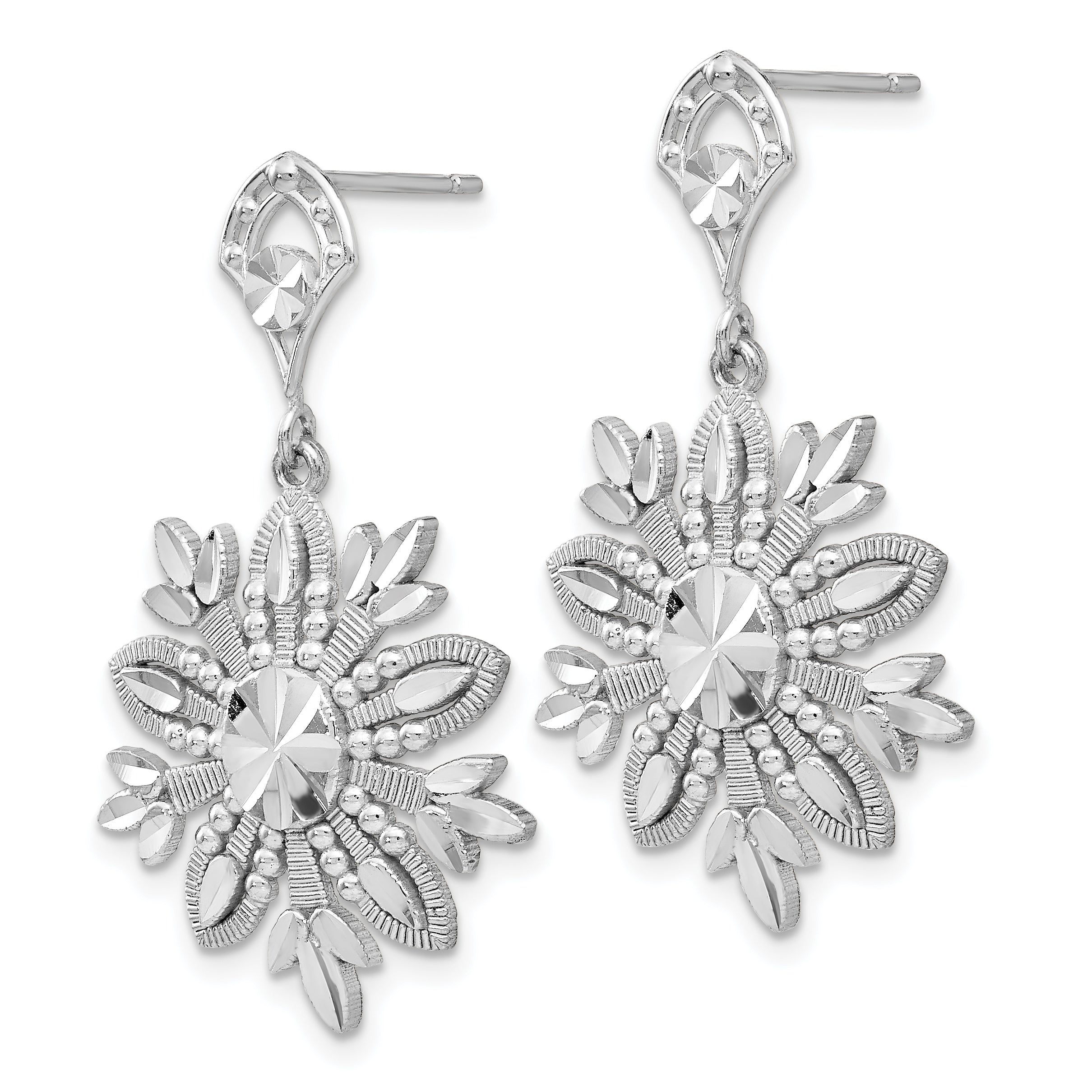 14K White Gold Snowflake Dangle Earrings with Rhodium Finish