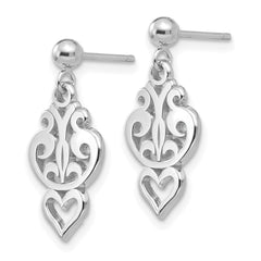 14K White Gold Filigree Heart Dangle Earrings with Polished Rhodium Finish