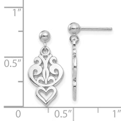 14K White Gold Filigree Heart Dangle Earrings with Polished Rhodium Finish