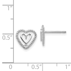 14K White Gold Heart Earrings with Rhodium Polish, Elegant Button Design
