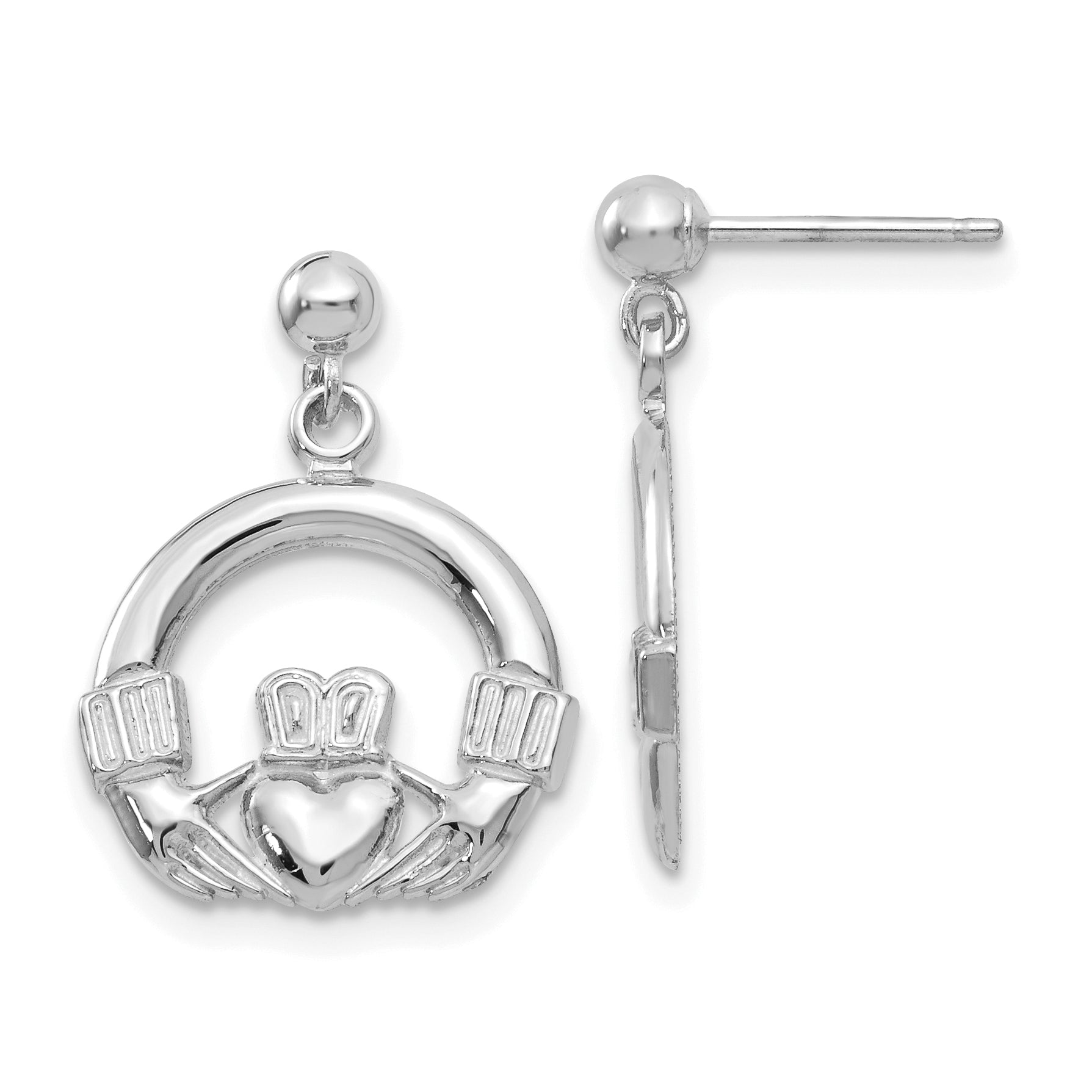 14k White Gold Solid Polished Flat-Backed Claddagh Earrings