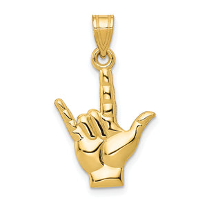 "I Love You" Hand Sign Charm in 14K Yellow Gold, 25mm Textured - Sophia Jewelers