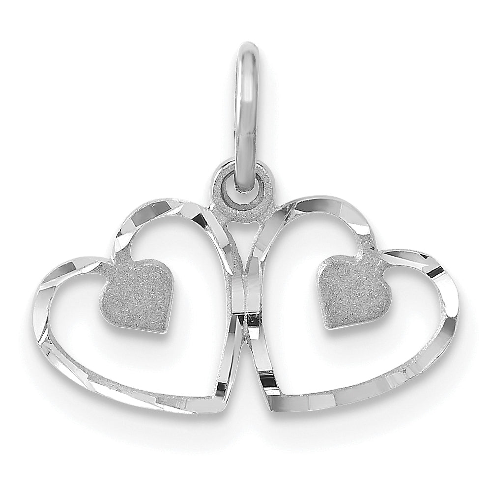 14k White Gold Satin And Diamond-cut Double Heart Charm Main image