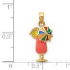 14K Gold Pink Enameled Tropical Drink Pendant, Polished & Multi-Colored